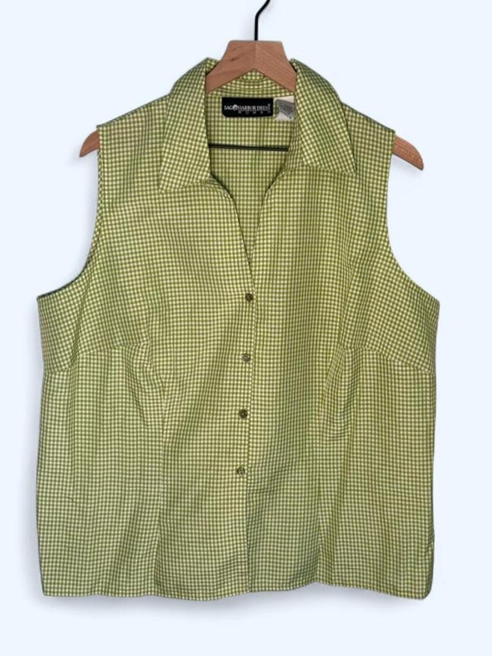Sag Harbor Green Gingham Sleeveless Button-Up Blouse with Collar